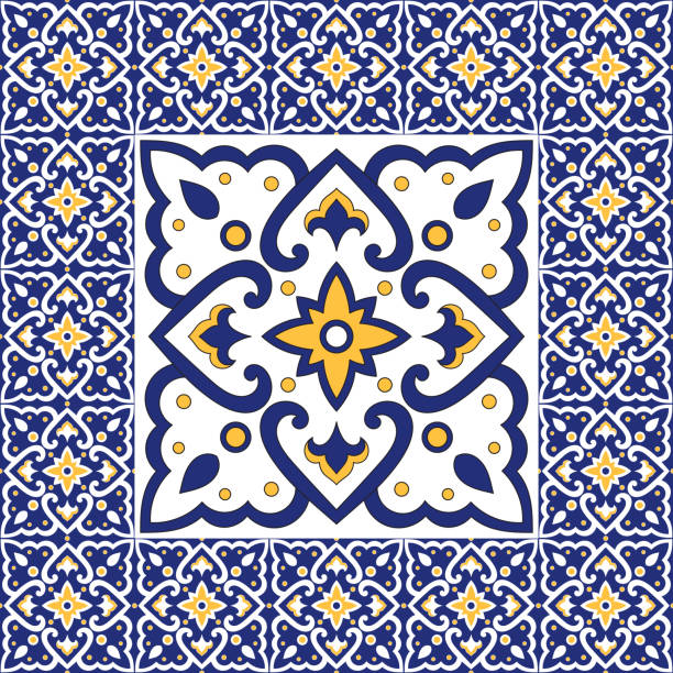 Spanish tile pattern vector ornaments. Vintage barcelona mosaic texture element in center with border frame. Portuguese azulejos background, mexican talavera ceramic, italian sicily majolica. Spanish tile pattern vector ornaments. Vintage barcelona mosaic texture element in center with border frame. Portuguese azulejos background, mexican talavera ceramic, italian sicily majolica. tile patterns stock illustrations