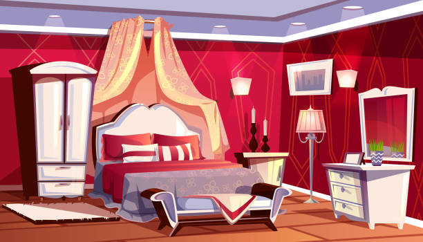 vektor innere reich schlafzimmer, luxuriöses zimmer - bedroom stage stock-grafiken, -clipart, -cartoons und -symbole