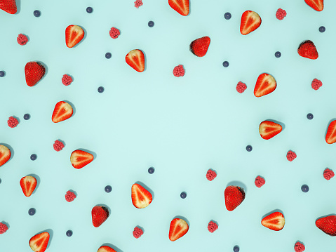 top view of colorful fruits pattern background ,strawberries.,rendering 3d model