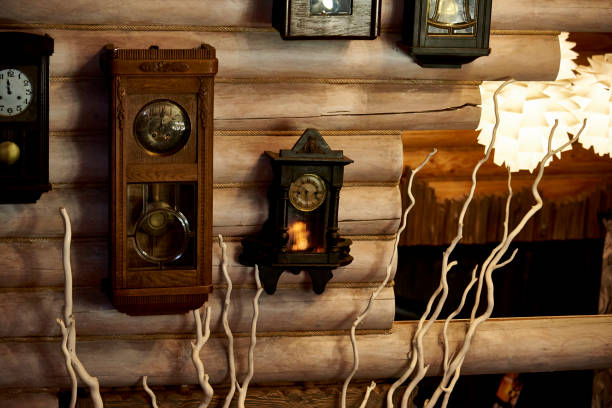istock Vintage clock on a wooden log wall 1027534326