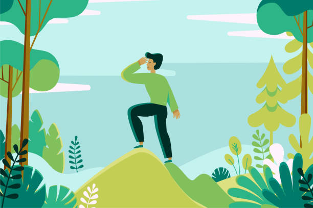 ilustraciones, imágenes clip art, dibujos animados e iconos de stock de vector ilustración de estilo plano lineal - hombre explorando el paisaje de bosque verde - climbing hill