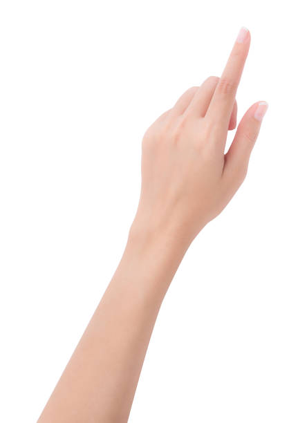 vrouw hand omhoog met wijsvinger of scherm, terug kant, geïsoleerd op een witte achtergrond aan te raken. - wijsvinger stockfoto's en -beelden