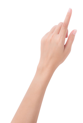 Woman hand pointing up with index finger or touching screen, back hand side, isolated on white background.