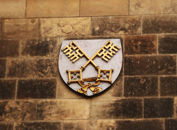 A Vysehrad Chapter as small blazon on wall stone in prague. Czech republic. Old wall