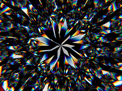 Gemstone structure extreme closeup and kaleidoscope. top view of round gemstone 3d render, 3d illustration