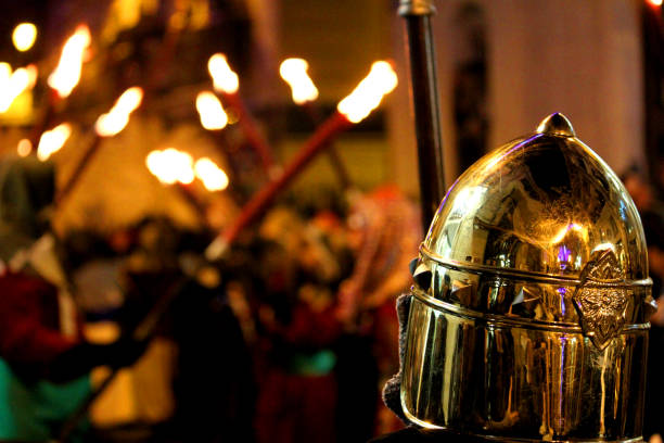 istock Metal helmet with burning torches 1027540056