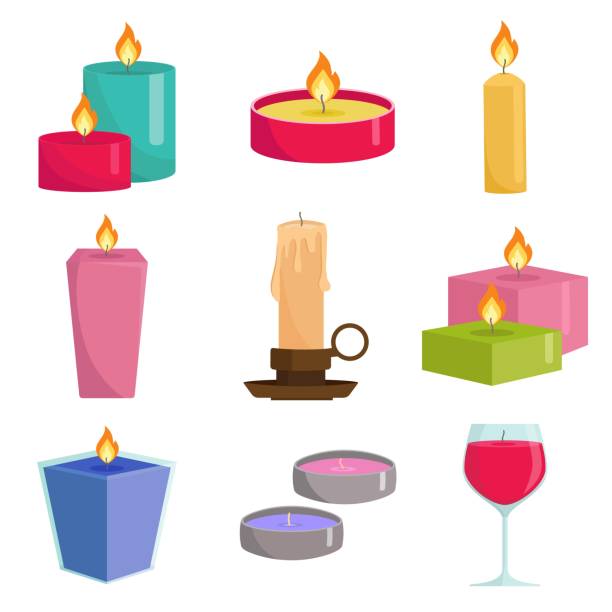 ilustrações de stock, clip art, desenhos animados e ícones de set colorful candles isolated on white background. aromatherapy burning candles with aromatic plant and essential oils for spa. elements for new year, christmas cards and romantic. vector illustration - decoration candle ornate composition