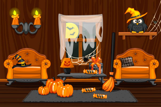 ilustrações, clipart, desenhos animados e ícones de casa da adega, quarto de madeira interior de ilustração com símbolos do halloween e mobílias - basement spooky cellar door