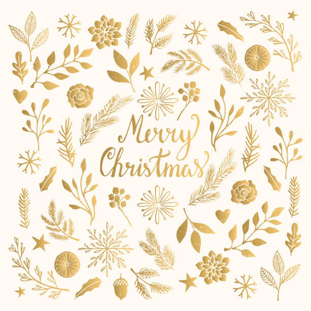 weihnachtskarte mit winter pflanzen, blumen, zweige. elegante vintage muster. - gold leaf stock-grafiken, -clipart, -cartoons und -symbole