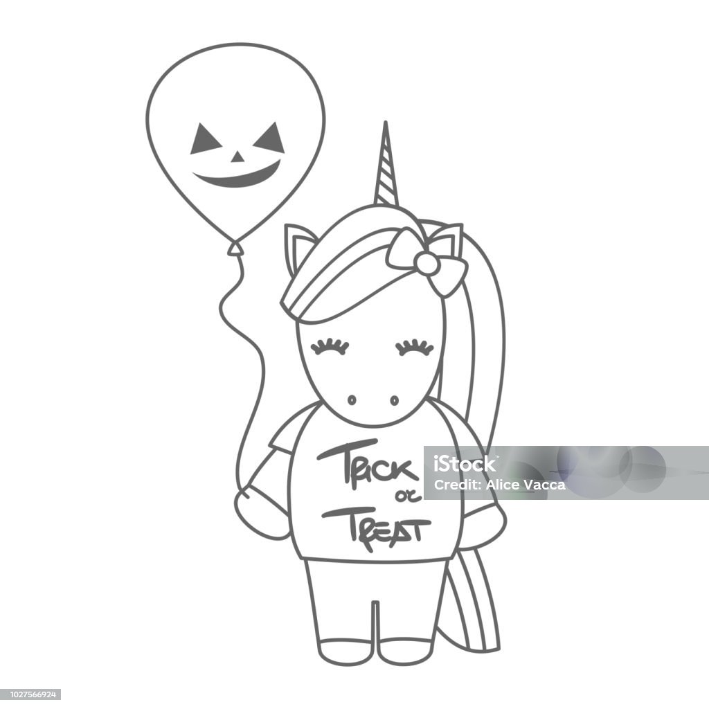 cute cartoon black and white halloween vector illustration with unicorn and pumpkin balloon Coloring stock vector