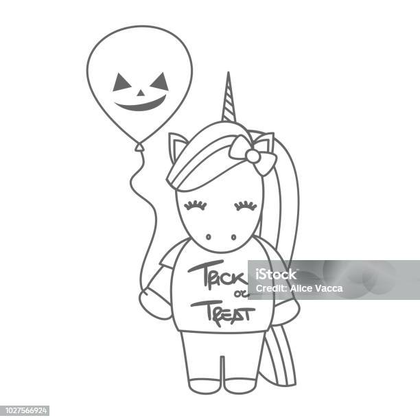 Cute Cartoon Black And White Halloween Vector Illustration With Unicorn And Pumpkin Balloon Stock Illustration - Download Image Now