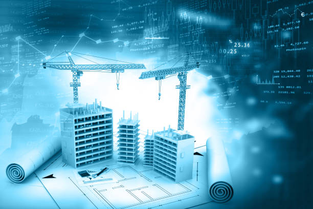 Crane and building construction site with blueprint