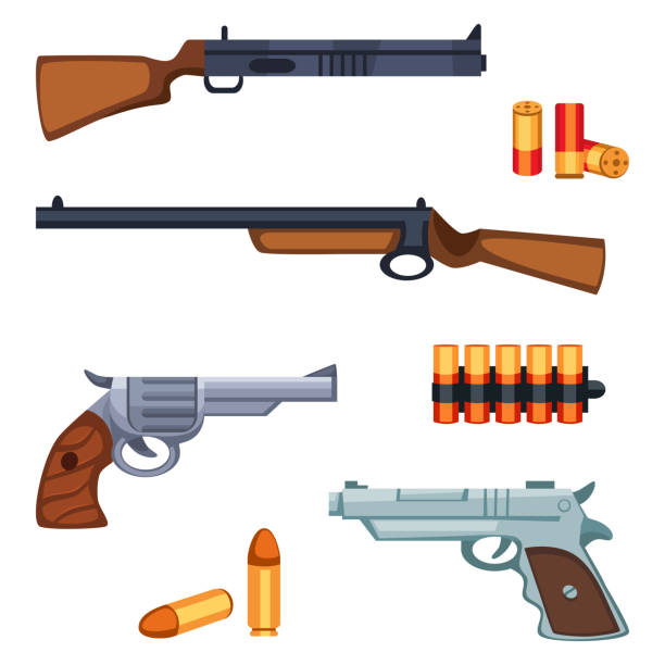 ilustraciones, imágenes clip art, dibujos animados e iconos de stock de conjunto de dibujos animados supervivencia artículos del juego - armas de fuego escopeta, revólver, pistola - rifle