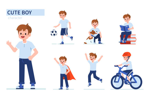 cute boy Kid boy character in different poses. Flat cartoon style vector illustration isolated on white background. super bike stock illustrations