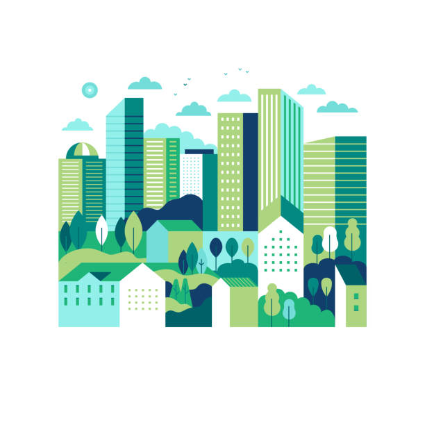 ilustracja wektorowa w prostym minimalistycznym geometrycznym stylu płaskim - krajobraz miejski z budynkami i drzewami - miasto ilustracje stock illustrations