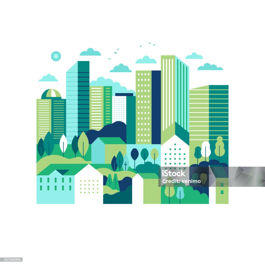 Vector illustration in simple minimal geometric flat style - city landscape with buildings and trees Vector illustration in simple minimal geometric flat style - city landscape with buildings and trees - abstract background for header images for websites, banners, covers City stock vector