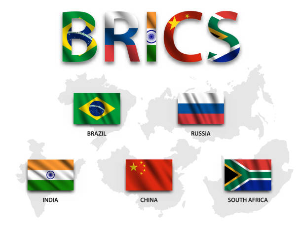 ilustraciones, imágenes clip art, dibujos animados e iconos de stock de brics. asociación de 5 países (brasil. rusia. india. china. áfrica del sur). bandera que agita y mapa. vector de - brics