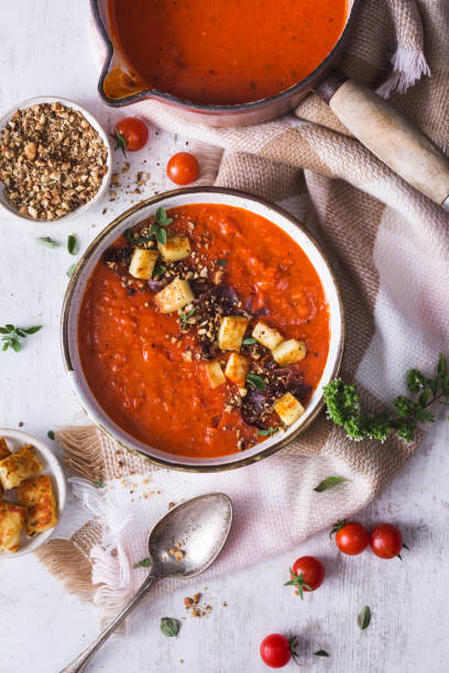 istock Tomato Soup, Red Pepper, Halloumi Cheese and Dukkah Spices 1027583276