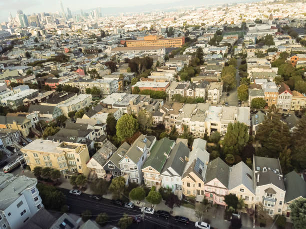 istock Top view popular Victorian houses with downtown San Francisco skylines 1027586358