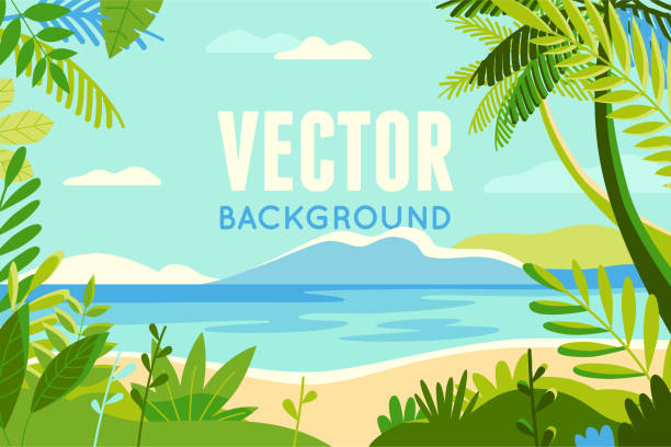 ilustraciones, imágenes clip art, dibujos animados e iconos de stock de ilustración de vector en el plano de moda y estilo - fondo con espacio de copia de texto - plantas, hojas, palmeras y cielo - paisaje de playa - frame plant tree summer