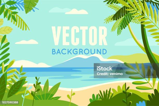 Vector Illustration In Trendy Flat And Linear Style Background With Copy Space For Text Plants Leaves Palm Trees And Sky Beach Landscape Stock Illustration - Download Image Now