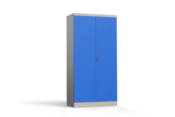 istock Metal cabinet with shelves for tools. Fireproof shelving for documents. A convenient place for storing documents, tools and spare parts. Metal furniture. 3D model rendering. 1027593300