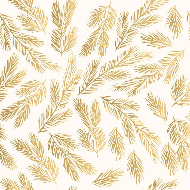 Vector illustration of Golden winter pattern with fir branches. Decorative New Year background.