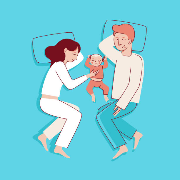 ilustraciones, imágenes clip art, dibujos animados e iconos de stock de ilustración de vector de estilo plano lineal moderno - familia feliz - baby mother sleeping child