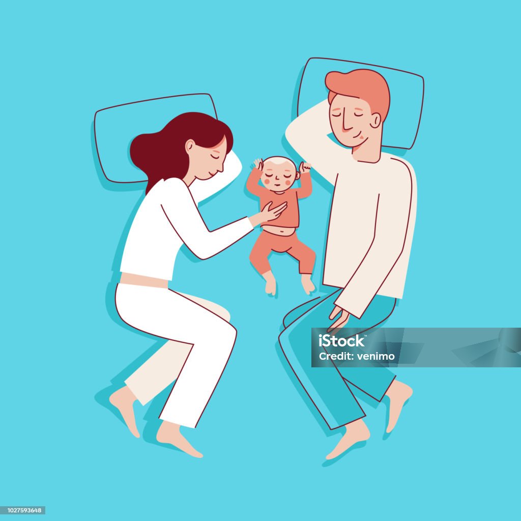Vector illustration in trendy flat linear style - happy family Vector illustration in trendy flat linear style - happy family and parenthood concept - happy mother and father with a baby seeping  - cartoon characters for infographics, banners, cover and hero images Sleeping stock vector