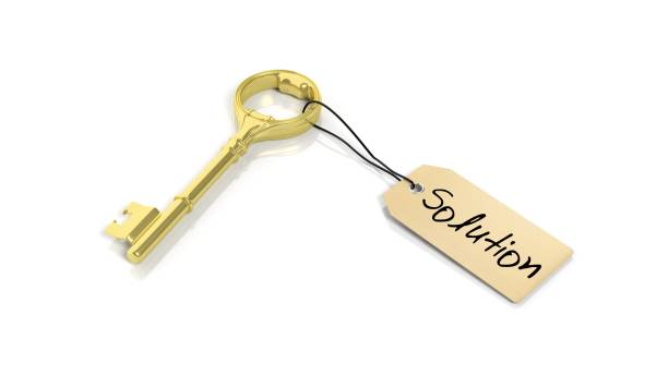 istock Tag with word Solution on golden retro key , isolated on white background. 1027594048
