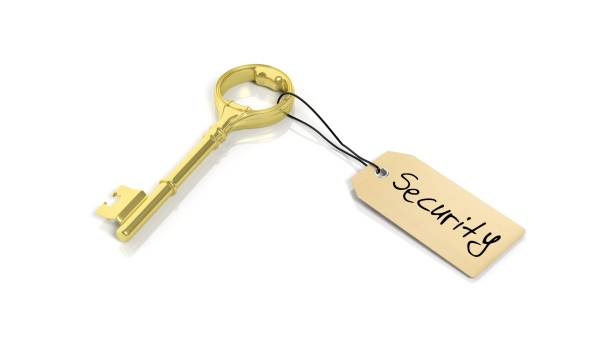 istock Tag with word Security on golden retro key , isolated on white background. 1027594158