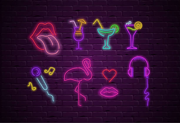 nacht party bunte neon deko schilder auf ziegelmauerwerk wand. - music human lips happiness enjoyment stock-grafiken, -clipart, -cartoons und -symbole