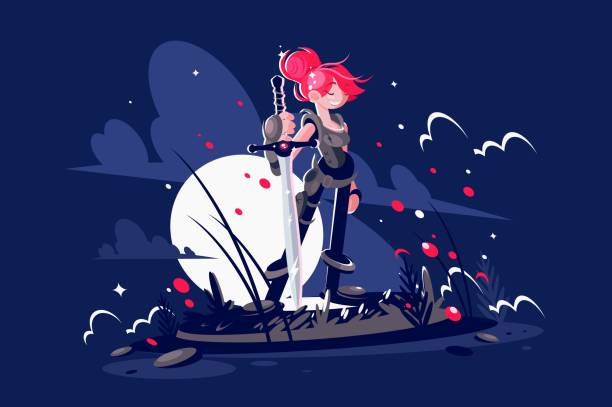 Woman warrior hero with sword on battlefield Woman warrior with sword and armor on battlefield in moon light. Vector illustration warrior princess stock illustrations