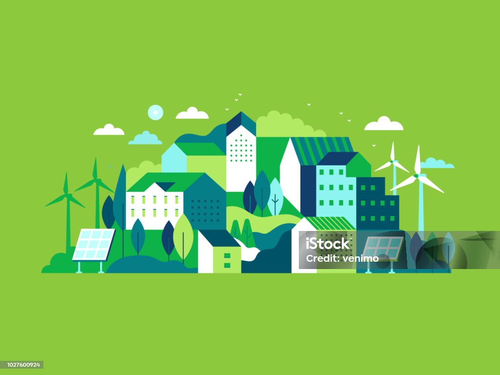 City landscape with buildings, hills and trees Vector illustration in simple minimal geometric flat style - city landscape with buildings, hills and trees with solar panels and wind turbines  - eco and green energy concept - abstract background for header images for websites, banners, covers City stock vector