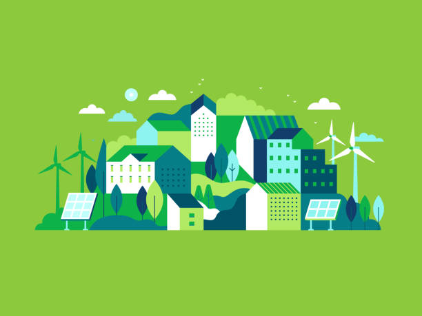 City landscape with buildings, hills and trees Vector illustration in simple minimal geometric flat style - city landscape with buildings, hills and trees with solar panels and wind turbines  - eco and green energy concept - abstract background for header images for websites, banners, covers city stock illustrations