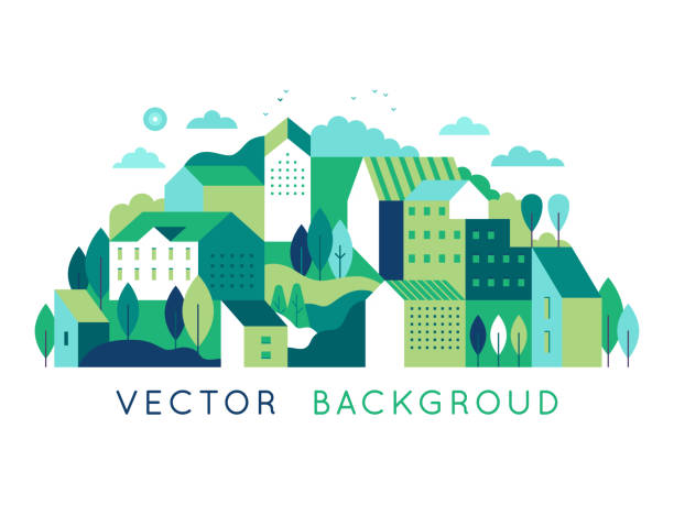 City landscape with buildings, hills and trees Vector illustration in simple minimal geometric flat style - city landscape with buildings, hills and trees - abstract background for header images for websites, banners, covers town illustrations stock illustrations