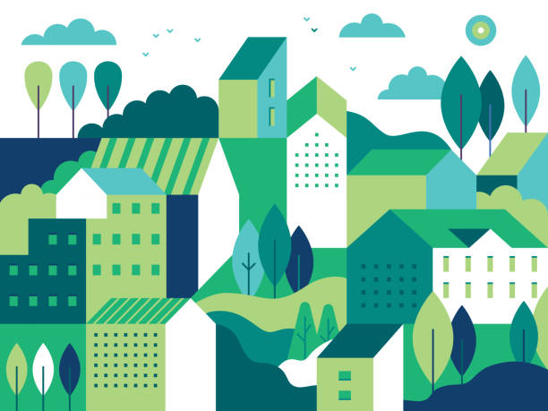 krajobraz miasta z budynkami, wzgórzami i drzewami - nieruchomość ilustracje stock illustrations