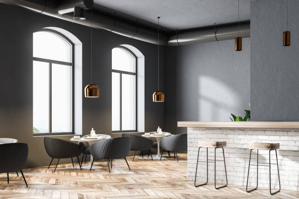 istock Gray modern restaurant corner with a bar, close up 1027603782