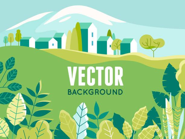 stockillustraties, clipart, cartoons en iconen met vectorillustratie in eenvoudige minimale geometrische vlakke stijl - tsjechische landschap met gebouwen, heuvels, bloemen en bomen - landschap dorp