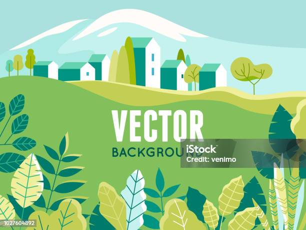 Vector Illustration In Simple Minimal Geometric Flat Style Village Landscape With Buildings Hills Flowers And Trees Stock Illustration - Download Image Now