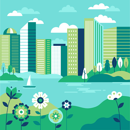 Vector illustration in simple minimal geometric flat style - city landscape with buildings, lake flowers and trees - abstract background for header images for websites, banners, covers