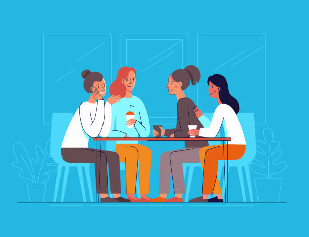 Vector illustration in flat linear style - female friends drinking coffee and chatting Vector illustration in flat linear style - female friends drinking coffee and chatting - cartoon characters sitting at table in the cafe ladies lunch stock illustrations