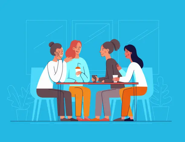 Vector illustration of Vector illustration in flat linear style - female friends drinking coffee and chatting