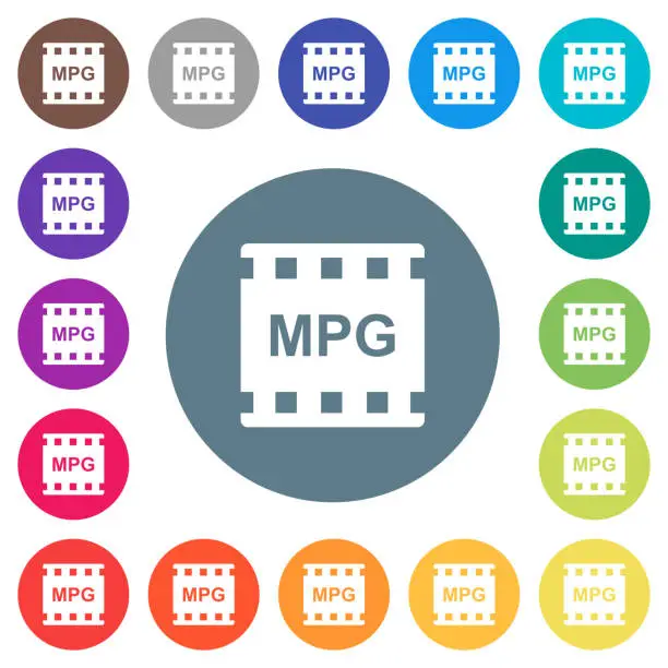Vector illustration of MPG movie format flat white icons on round color backgrounds