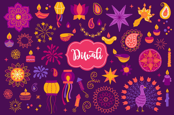 zestaw diwali z mandalią, diyą, latarnią, girlandą, gwiazdami, paisley, świecami - paw print obrazy stock illustrations