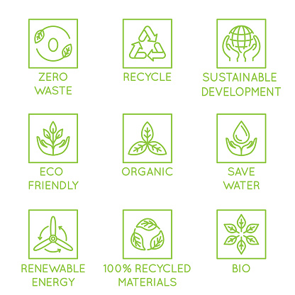 Vector set of design elements, logo design template, icons and badges for natural and organic ecological products  in trendy linear style - zero waste, recycle, sustainable, development, eco friendly, organic, save water, renewable energy