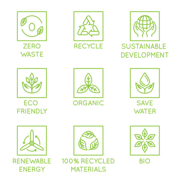 Vector set of design elements, logo design template, icons and badges for natural and organic ecological products in trendy linear style Vector set of design elements, logo design template, icons and badges for natural and organic ecological products in trendy linear style - zero waste, recycle, sustainable, development, eco friendly, organic, save water, renewable energy recycled material stock illustrations