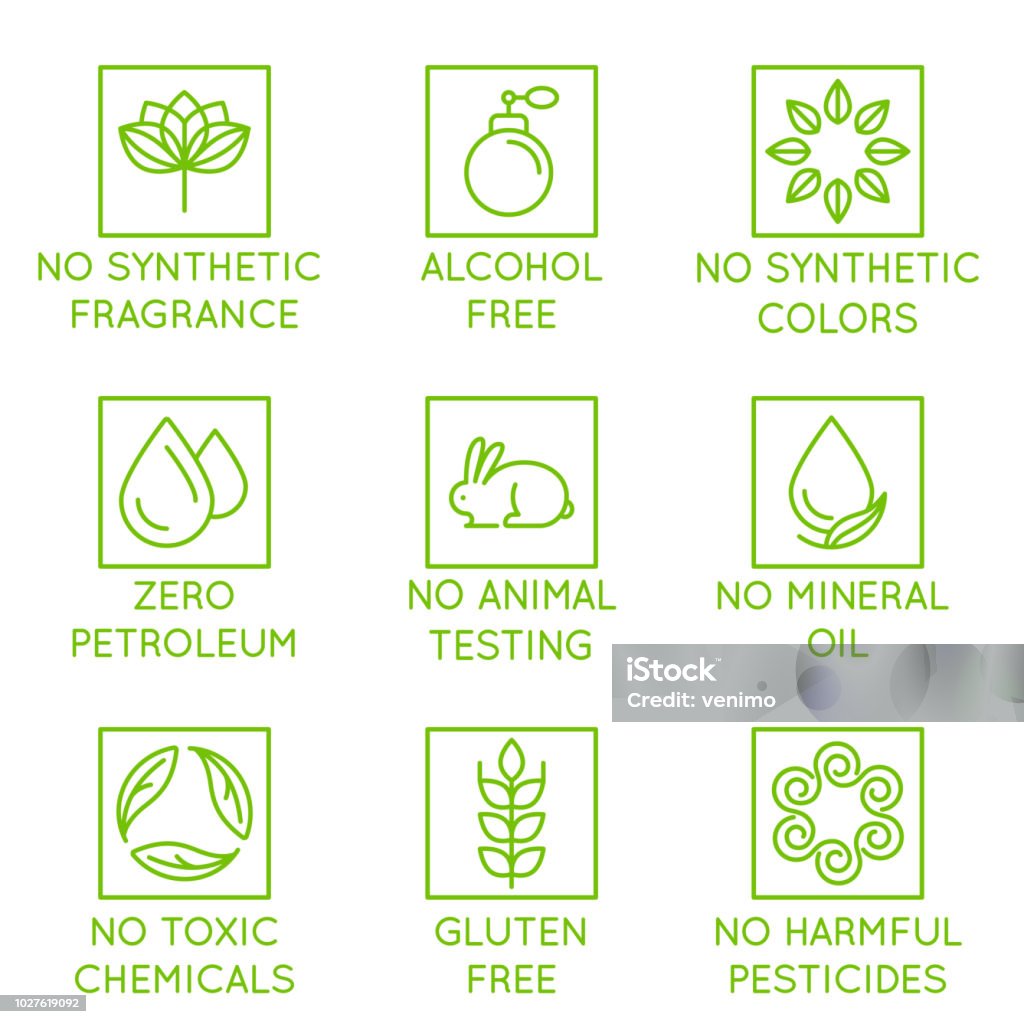 Vector set of design elements, logo design template, icons and badges for natural and organic cosmetics in trendy linear style - no synthetic fragrance and colors Vector set of design elements, logo design template, icons and badges for natural and organic cosmetics in trendy linear style - no synthetic fragrance and colors, no animal testing, no mineral oil, gluten free, no toxic chemicals Icon Symbol stock vector