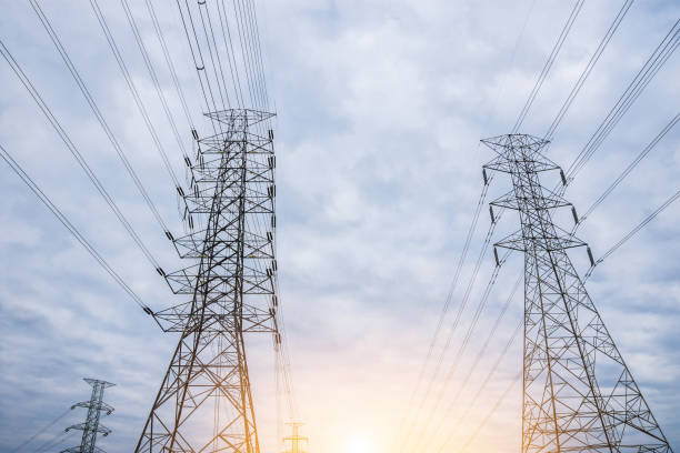 istock Electricity concept. Close up high voltage power lines station. 1027620686