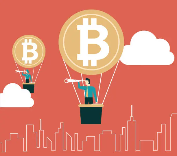 Vector illustration of Businessman in hot air balloon with bitcoin